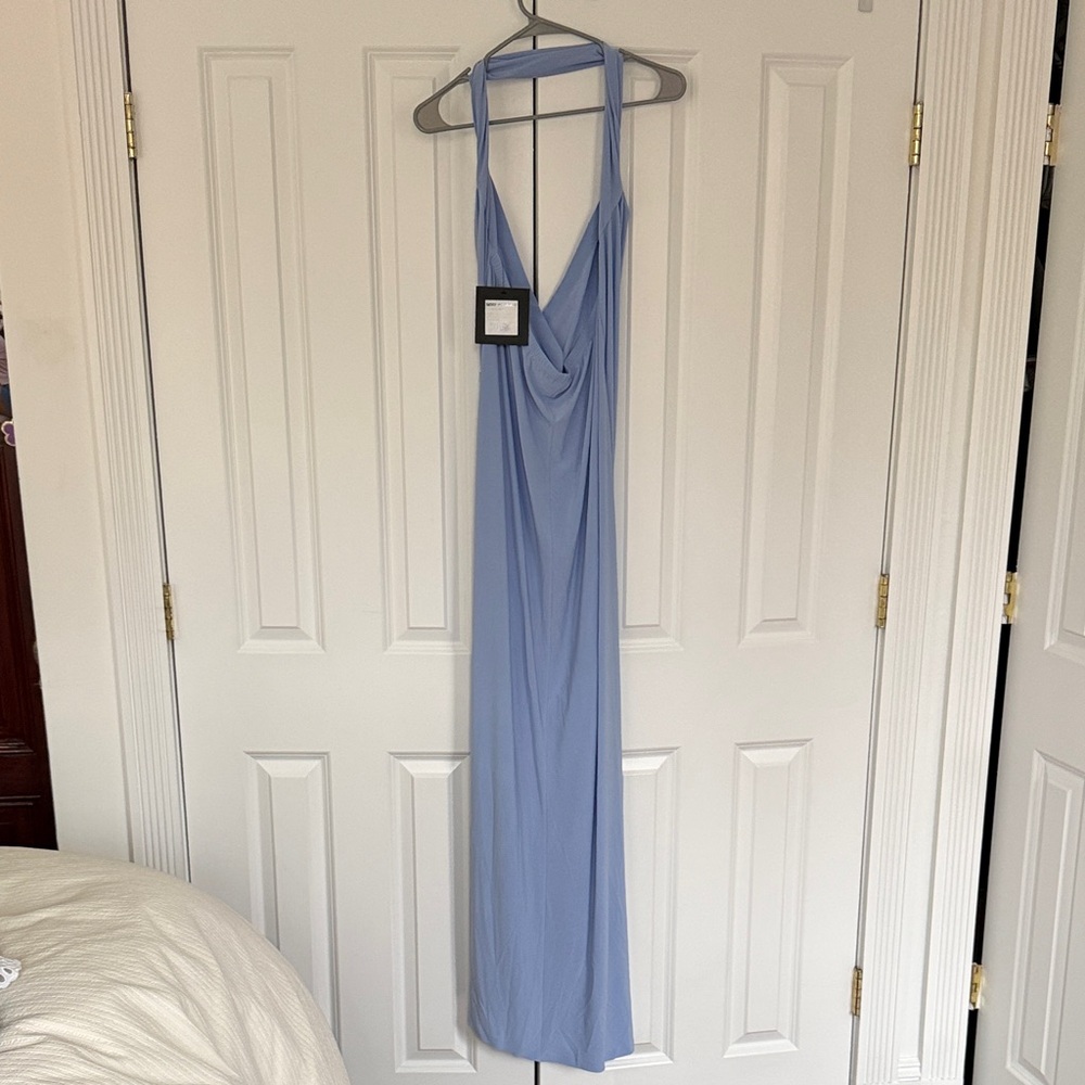 Norma Kamali Light Blue Halter Cowl Maxi Dress